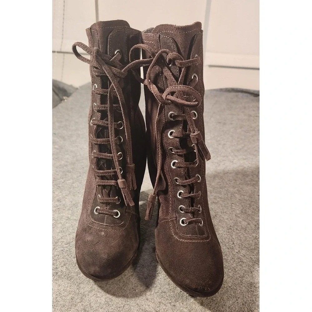 AllSaints Boots Womens Size 9‎ Brown Suede Grimsby High Block Heel Zips Lug Sole